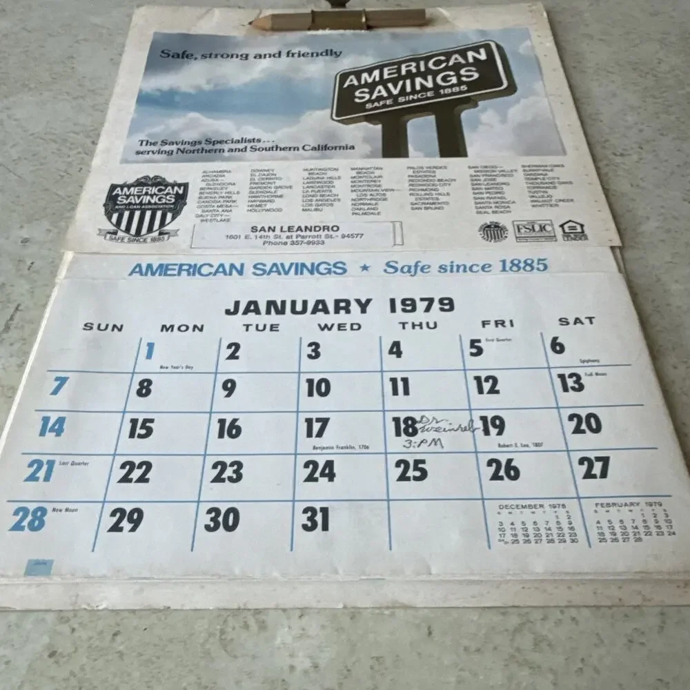 Vintage Advertising Calendar AMERICAN SAVINGS BANK / CALIFORNIA 1979 11” X 8”
